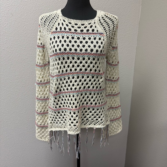 Poof! by Free People Open Knit Fringe Sweater Cream Boho Festival Beach Cover - Picture 2 of 10